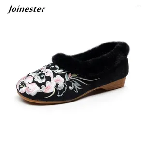 Casual Shoes Winter Women Warm Floral Embroidered Cotton Fur Edge Ethnic Slip-On Vintage Loafers For Ladies Flat Espadrilles