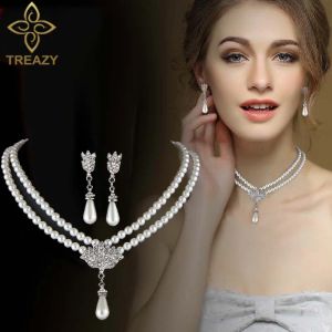 Collane Treazy Elegant SimulatedPearl Set di gioielli da sposa Collana di perle di perle+Orecchini Set di gioielli da sposa per donne