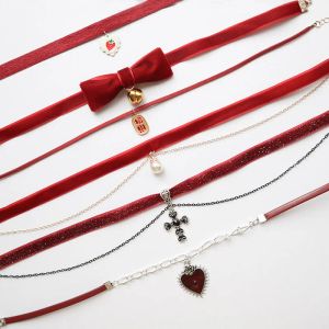 Colares Borgonha Velvet Cheker Pearl Heart Cross Pingente Colar para mulheres Lucky Red Ano Novo Festival de Natal