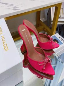 Red Satin Amina Italy Muaddi Mules Slippers 95mm Crystal Embellished Pyramid Heel Shoes AWGE2278365