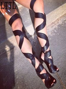 Ny sexig strappy laceup gladiator sandaler mode utskärningar lår höga skor öppen tå superhög klackar stövlar sandaler kvinna6067074