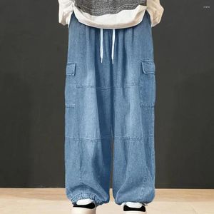Men's Pants Cargo Jeans Stylish Oversized With Elastic Waist Multiple Pockets Baggy Denim Trousers For Men Wide Leg A