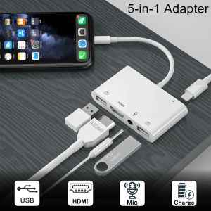 Hubs Lighing to Hdmi Adapter Microphone Audio Cable Aux Jack Dual Usb Hub 4k Av Tv Otg Charging for Iphone 13/11pro/12/xs//x/8/ipad