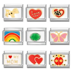 Strängar Fashion Rainbow Heart Butterfly Italian Charm Links Square Pärlor Fit 9mm italienska armband Rostfritt stål DIY Making Presents