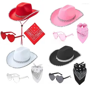 Berets Women Cowboy Hat Western Cowgirl Wide Brim Top Fashion Musical Festival Party Suit Bachelorette Costume Dropship