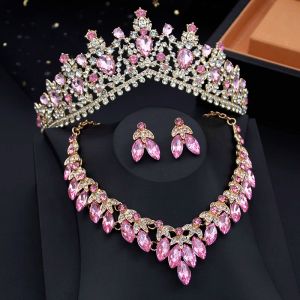 Kolyeler Zarif Gelin Taç Düğün Takı Setleri Kadınlar İçin 3 PCS Gelin Tiaras Kolye Küpe Pembe Dubai Takı Set Aksesuarları