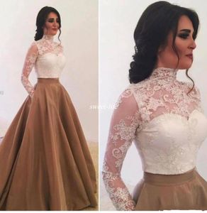 Elegant High Neck Long Sleeves Evening Dresses with Pockets Saudi Arabia Lace Appliques Ball Gown Prom Gowns Special Occasion Dres3327777