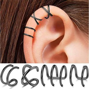 Earrings 24pcs Stainless Steel Black Ear Criss Cross Double Lines Adjustable Ear Cuff Earrings NonPiercing Fake Cartilage Clip On Women