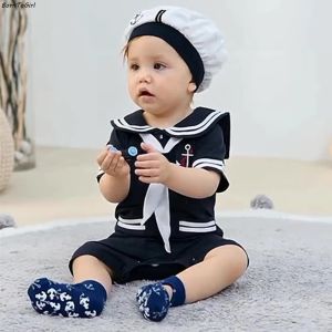 One-Pieces BornToGirl Cotton Baby Boys Girls Rompers 2022 Newborn Short Sleeve Sailor Baby Rompers Overalls Clothes Clothing
