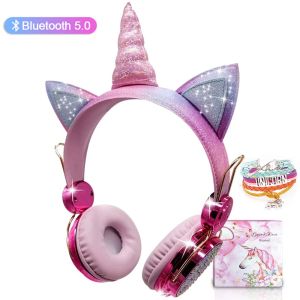 Ricambi per bambini cuffie bluetooth wireless grazioso auricolare unicorno con microfono sopra l'orecchio per lo studio online/kindle/tablet/pc