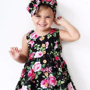 Flicka klänningar småbarn baby outfit ärmlös klänning blommor mönster rygglöst pannband söt sommar sundress party 1-5 år