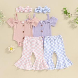 Clothing Sets Summer Infant Baby Girl Outfits Set Short Sleeve Bow Romper Elastic Waist Flare Pants Plaids Headband Clothes