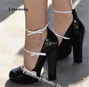 Sukienka buty Linamong Elegancki czarny biały patent skórzane skórzane bowtie Chunky Obcowanie okrągłe stóp kostki