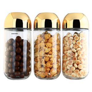 Jars Goldplated Transparent Glass Jar with Lid Sealed Food Storage Container Candy Box Food Jar Coffee Bean Tea Can Kitchen Decor