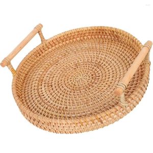 Set di stoviglie Rattan Round Tray Wicker Woven Servizio con manici per intrecciare i vassoi per il tavolino da caffè