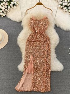 Casual Dresses Foamlina Sexy Glittering Sequin Sling Dress Women Fashion Summer Sleeveless Backless Slim Stretch Split Evening Party Long