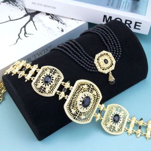 Necklaces Sunspicems Black Crystal Moroccan Kaftan Belt Waist Chain Beads Choker Necklace Arabic Bride Wedding Jewelry Sets Gold Color