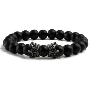 Strands Men Black Lava Bracelet Natural Stone Bead Handmade Bracelets Bangle Women Gold Color Black Double Crown Bracelet Couple Jewelry