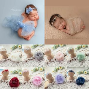 Accessoires Dvotinst Neugeborene Babyfotografie Requisiten Perle Mesh Wraps Bowknot Stirnband 2Piece Set Studio Shooting Photo Requisiten 40x150 cm