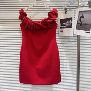 Sukienki swobodne Vintage Seksowne czerwone czerwone 3D Rose Flower Designer Brand Mini 2024 Spring Lato Evening Luksusowa sukienka imprezowa