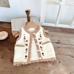 Coats 03y kız bebek moda işlemeli örgü yelekleri tatlı sonbahar kolsuz hırka rahat allmatch cep ceketleri