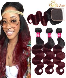 Ombre brasilianska hårbuntar Body Wave 1B Bourgogne 99J Human Hair Weave with 4x4 spetsstängning Två tonfärgat hår wefts extensio2440985