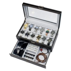 12 Slot PU Leder Lockbare Uhrenstapfenboxen Männer Damen Schmuck Display Schubladen 2-Tier Organizer Uhren Showcase 240412