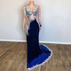 Elegant Navy Blue Velvet Prom Dresses Black Girl 2024 One Long Sleeves Mermaid Party Gowns Sheer Neck vestidos de fiesta