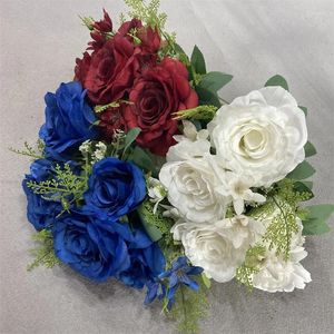 Flores decorativas Branco azul de seda roses artificiais Casamento Decoração de outono de alta qualidade Big Bouquet Luxo Fake Flower Arrangement