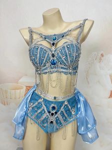 Stage Wear Women Gogo Dance Outfits Blue Shiny Jewel Bikini Suit Nightclub Bar Dj Costumes Sexy Pole Performance