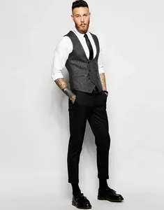Mäns kostymer grå dubbelbröst tweed män Vest Black Pants Custom Blazer Slim Fit 2 Piece Tuxedo Fashion Formal High Quality Hombre