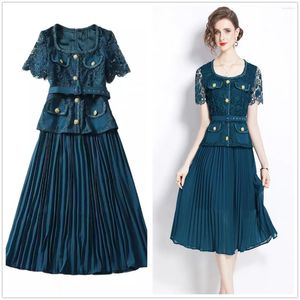 Party Dresses High-end Water Soluble Lace Stitching Chiffon Pleated One Piece Women Short Sleeve Embroidery Belt Dress