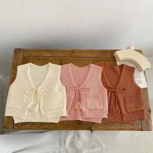 Coats 2022 Autumn Baby Clothes Solid Color Fashion Tying Girls Casual Knitted Waistcoat Infant Sleeveless Knit Cardigan