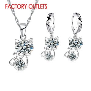 Necklaces 925 Sterling Silver Needle Cubic Zirconia Wedding Jewelry Sets CZ Crystal Cute Animal Cat Necklace Earrings Female Club Party