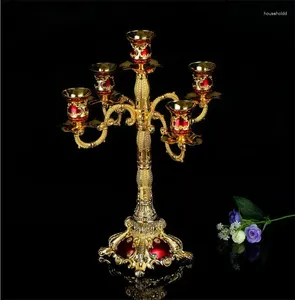 Kerzenhalter H41CM seltene antike Metallfower Bronze 5 Arm Candelabra Marokkanische Laternen Blume, die Vintage Home Decor Zt012 öffnet