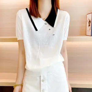 Women's Polos Black Clothing Polo Neck Shirts For Women T-shirt Woman Button Tops Short Sleeve Tee White Offer Youth Aesthetic V