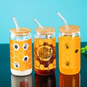  Weingläser Bienen Honig Muster 3D -Druck 16oz Glas Tasse Mason können Flaschen mit Bambusdeckel Deckel trinken Bier Soda Kaffeetassen