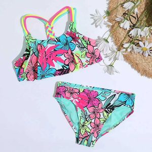 Schwimmkleidung 4-18 Jahre Floune Girl Badeanzug Kinder tropische Blumen zweiteilige Kinder Badebekleidung Häkelband Bikini Set Girls Badeanzüge 240423