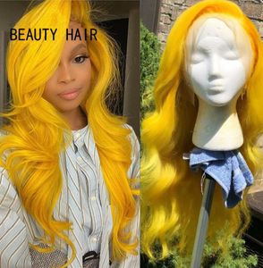 Del gul färg långa vågiga peruker för vita kvinnor nya naturliga mjuka syntetiska spetsar front peruker cosplay party9684306