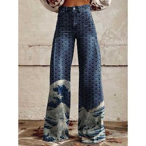 Women's Jeans Wave Image Womens Jeans Korean Style Elegant High Waist Wide Leg Pants Loose Womens Casual S-XL Wide Leg Pants Y240422