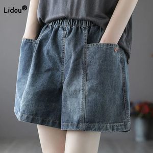 Summer Thin Style Pantalones de Mujer Elastic High Tase Personalizowane uliczne podwójne kieszenie Kobieta Wash szerokie nogi dżinsowe krótkie 240418