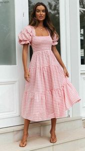 Urban Sexy Dresses Women Spring Summer Style Dress Lady Casual Short Puff Sleeve Square Collar Plaid Printed DressL2404