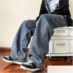 Mens Jeans Blue Ankle Length Male Straight Men Streetwear Baggy Ins Washed Denim Pants Black Clothes Drop Delivery Apparel Clothing Otkxy