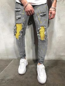 Mens Casual Creative Street Style High Stretch Paint Splatter Ripped Design Slim Fit Jeans Denim Pants para a primavera verão 240417