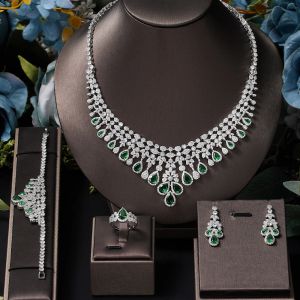 Halsband 2024 Zircon Super Deluxe Tassel Water Drop Big Wedding Bridal Necklace Earrings 4 Pieces Nigerian Dubai Women's Jewelry Set