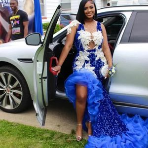 Royal Blue Mermaid African Prom Dresses for Women Crystal Side Split Ruffles Birthday Party Gown Sequin Long Cocktail Dress