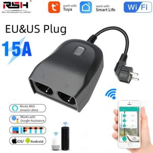 Plugs Tuya EU WiFi Smart Power Plug IP44 Watertproof Timer Outdoor Socket Plugs Smart Life App Voice Remote Control fungerar med Alexa