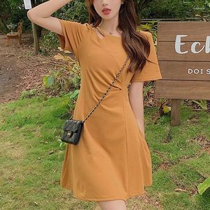 Party Dresses Summer Casual Fashion Folds Waist T-shirt Mini Dress Ladies Short Sleeve Hollow Out Vestidos Women Solid Color Elegant