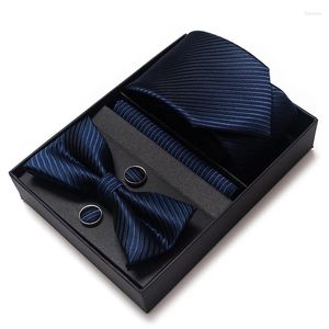 Bow Ties Solid Color Holiday Gift Tie Handkerchief Pocket Squares Cufflink Set Necktie Box Dark Blue Man Fit Formal Party Easter Day