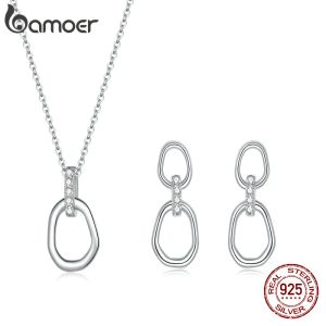 Necklaces bamoer Geometric Necklace Earring Buckles 925 Sterling Silver Double Button Simple CZ Jewelry for Women Fine Jewelry SCE1016